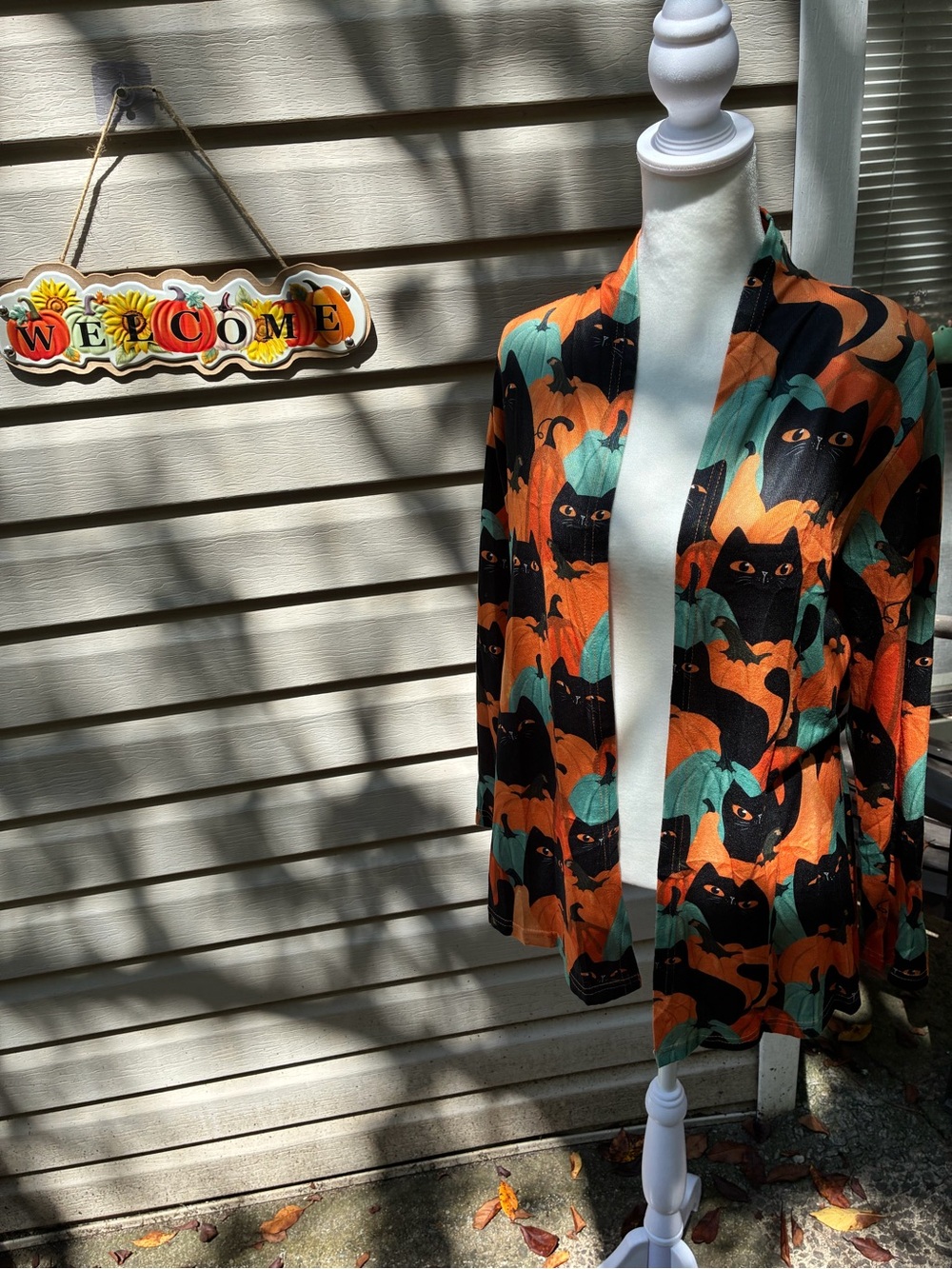 Black Cat Print Open-Front Women’s Jacket - Orange & Teal